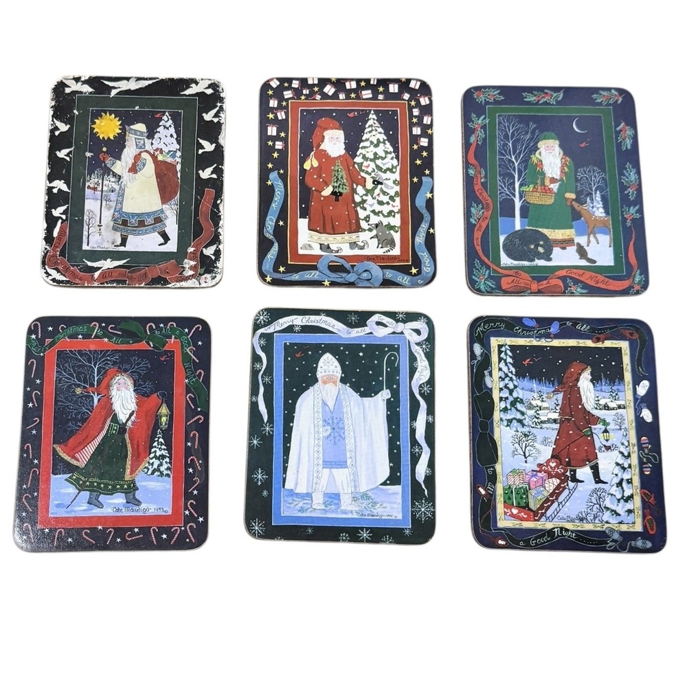 Santa Christmas Coaster Vintage Acorn Cate Mandigo 6 Cork Backed 3.5" x 4.5"